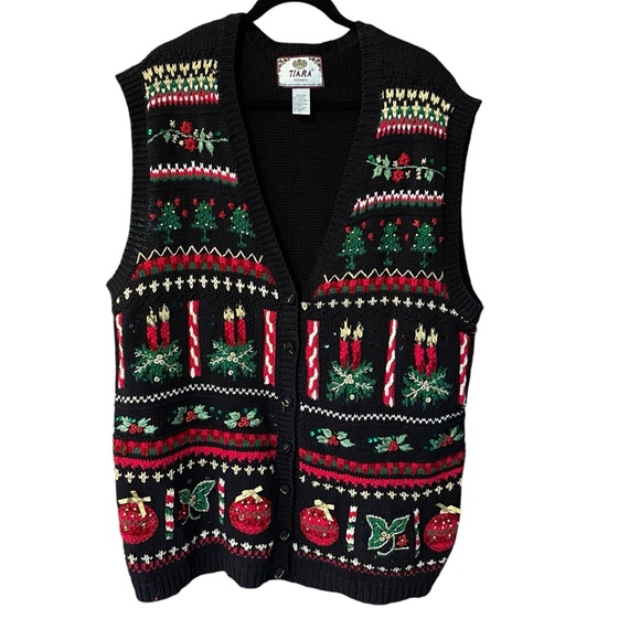 Tiara Sweaters - VTG 90s Christmas Sweater Vest Candles Bows Ornaments TIARA Size 22/24